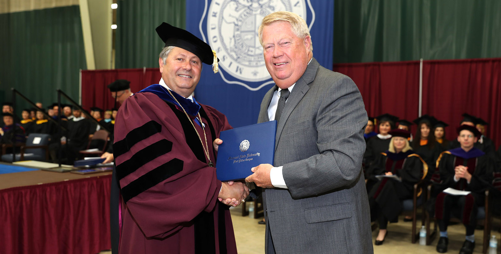 WEST PLAINS native, lifetime farmer and career salesman Terry “Bo” Pace received an honorary Associate of Applied Science degree from Chancellor Drew Bennett at Missouri State University-West Plains’ 2017 commencement ceremony. (Missouri State-West Plains Photo)