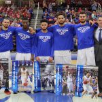 FIVE MEMBERS of the Missouri State University-West Plains Grizzly Basketball team were recognized for their contributions to the program during “Sophomore Night” halftime activities of Saturday’s game against Moberly Area Community College at the West Plains Civic Center. From left are Grizzly Basketball Assistant Coach Ken Moses, sophomore point guard Ricky Torres, redshirt freshman guard Radshad Davis, sophomore guard Terrell Whitaker, sophomore forwards Yannis Mendy and Leonidas Kontopoulos, and Head Coach Chris Popp. (Missouri State-West Plains Photo)