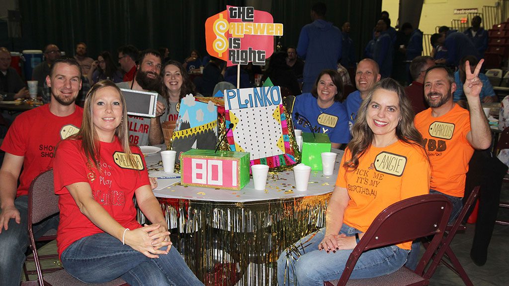 “THE ANSWER IS RIGHT” was the theme of this table which placed second in the table-decorating contest of the 15th annual Trivia Night benefitting Grizzly Athletics at Missouri State University-West Plains Jan. 27 at the West Plains Civic Center. Team members included, around the table from center left, Melissa Stephens, Blake Stephens, Nathan Recktenwald, Kirstie Recktenwald, Leann Finke, Gary Finke, Marcus Allen and Angie Allen.  (Missouri State-West Plains Photo)