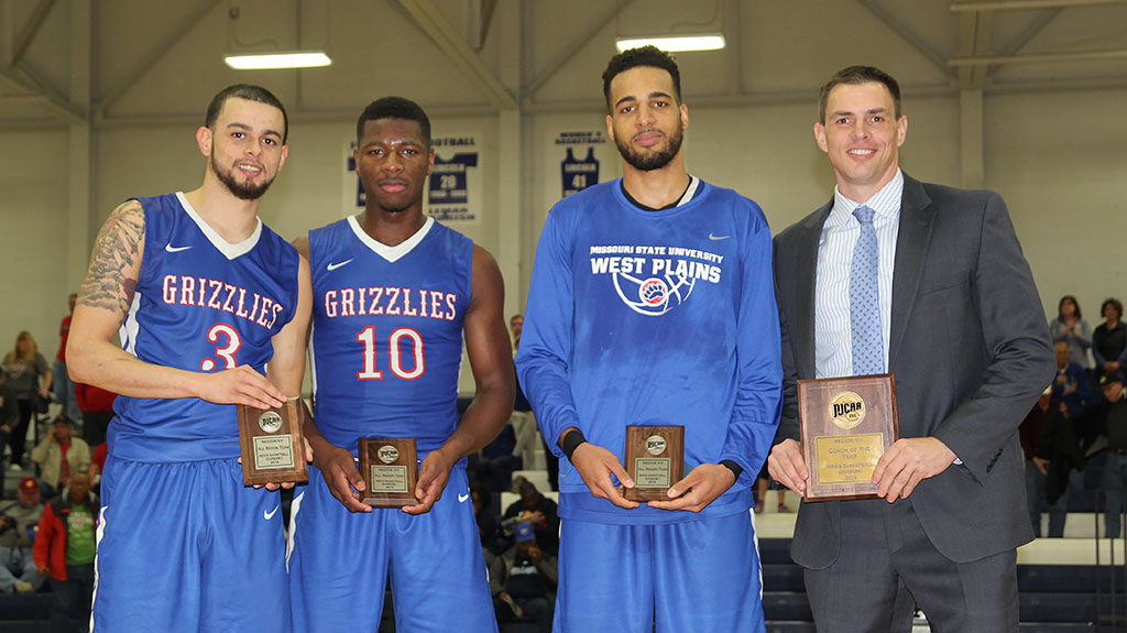 ALL-REGION HONORS – From left, Grizzly Basketball players Ricky Torres, Radshad Davis and Yannis Mendy were named first team All-Region 16, and Head Coach Chris Popp received Region 16 Coach of the Year honors following Saturday’s Region 16 Championship game in Jefferson City. (Missouri State-West Plains Photo)