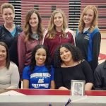 On hand for the signing of Kaleigh Breathitt were, seated from left, Breathitt’s mother, Sara; Breathitt; her sister, Sydney; and father, Pat. Back row: Grizzly Volleyball Head Coach Paula Wiedemann; Springdale Head Coach Megan Thompson; Springdale Assistant Coach Staci Heaton; and Grizzly Volleyball Assistant Coach Briana Walsh. (Photo provided)