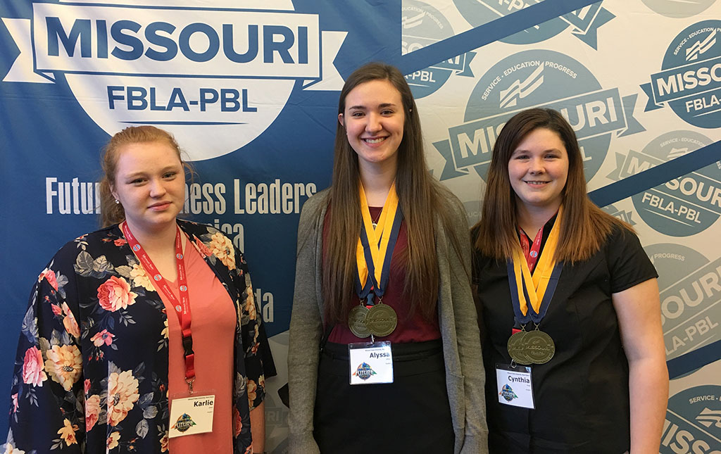 LOCAL PHI BETA LAMBDA (PBL) chapter members, from left, Karlie Jones, Alton; Alyssa Dillon, Tecumseh; and Cynthia Peak, Willow Springs, attended the annual FBLA/PBL State Leadership Conference April 7 at Ozarks Technical Community College in Springfield. (Photo provided)