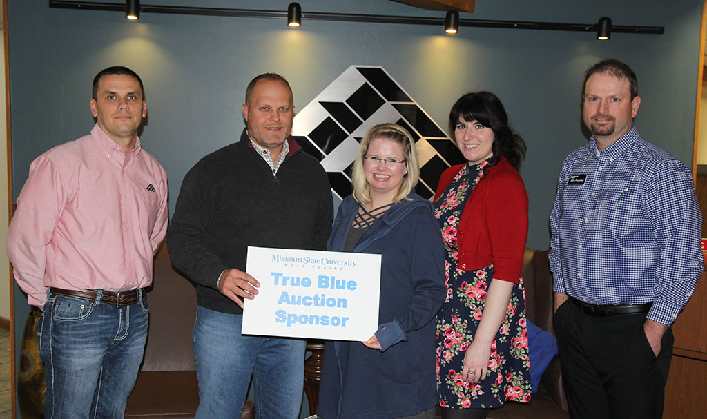 Front left are FMC Coastal Energy representatives Joe Blankenship and Erik Montgomery; Missouri State-West Plains Director of Development Melody Hubbell and Assistant Director of Development Amber Carr; and John Plummer, auction committee member and Landmark Bank president. (Missouri State-West Plains photo)