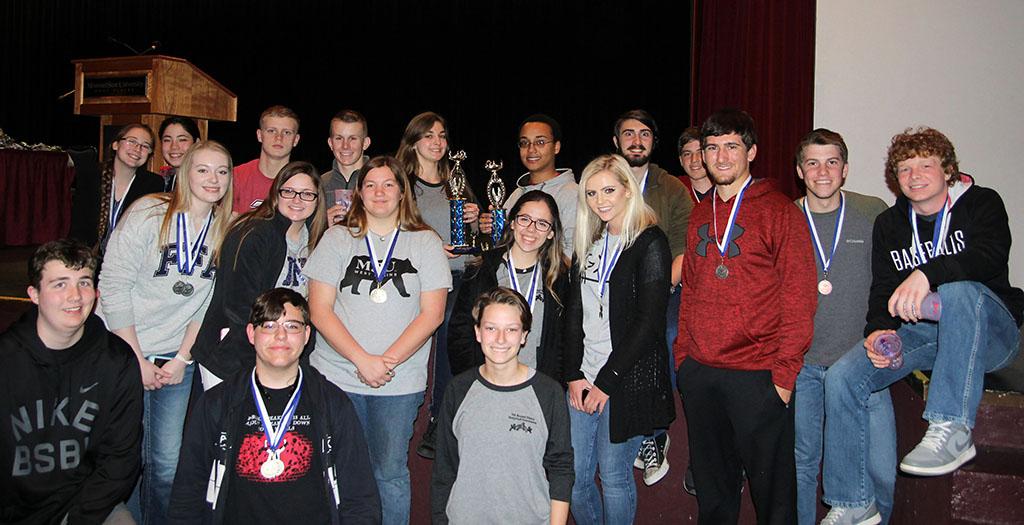 THE TEAM FROM WEST PLAINS High School took top honors overall and in Division I of the 33rd annual Interscholastic Contest hosted by Missouri State University-West Plains on Friday, April 6. Team members included, front row from left, Dagen Coursey, Matthew Watkins and Abby Land. Second row: Audrey Eldringhoff, Makayla Allcorn, Erica Vaughn, Kristina Block, Julia Snodgrass, Dylan Dunbar, Mitchell Mahan and Camdon Murphy. Back row: Faith Schilmoeller, Serena Jolliff, Aaron Brooks, Justin Cotter, Suzanna Grills, Christian Kinghorne, Jeff Marlowe and Samson Herschenson. (Missouri State-West Plains Photo)