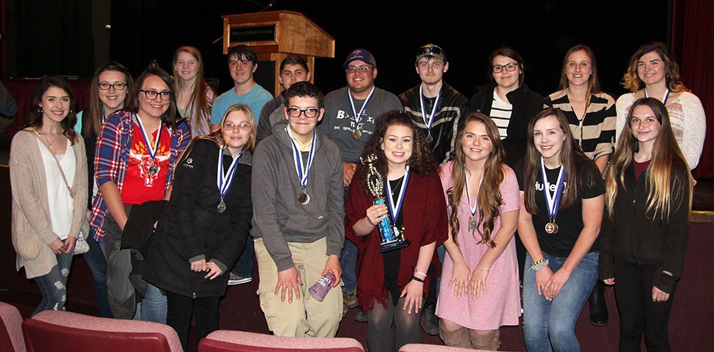 THE TEAM FROM Winona High School took top honors in Division III of the 33rd annual Interscholastic Contest hosted by Missouri State University-West Plains on Friday, April 6. With their trophy are, front row from left: Saige Fitzanko, Emerald Wilkes, Wesley Fuller, Mikayla Riggs, Courtny Womack, Lyndsey Rightnowar and Brea Cooper. Back row: Kiley Cowen, Abigail Miley, Teah Thomason, William Scott, Caleb Fitzanko, Adam Blunk, Tanner Williams, Kassidy Spinner, Kiley Counts and Lillian Wright. (Missouri State-West Plains Photo)