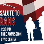 A color graphic of the United States flag and soldiers giving the date, time and location of the 20th annual "A Musical Salute to Veterans" event.