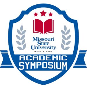 Shield shaped logo in blue with a red open book and stars and grey laurel sprigs with the words Missouri State University West Plains Academic Symposium
