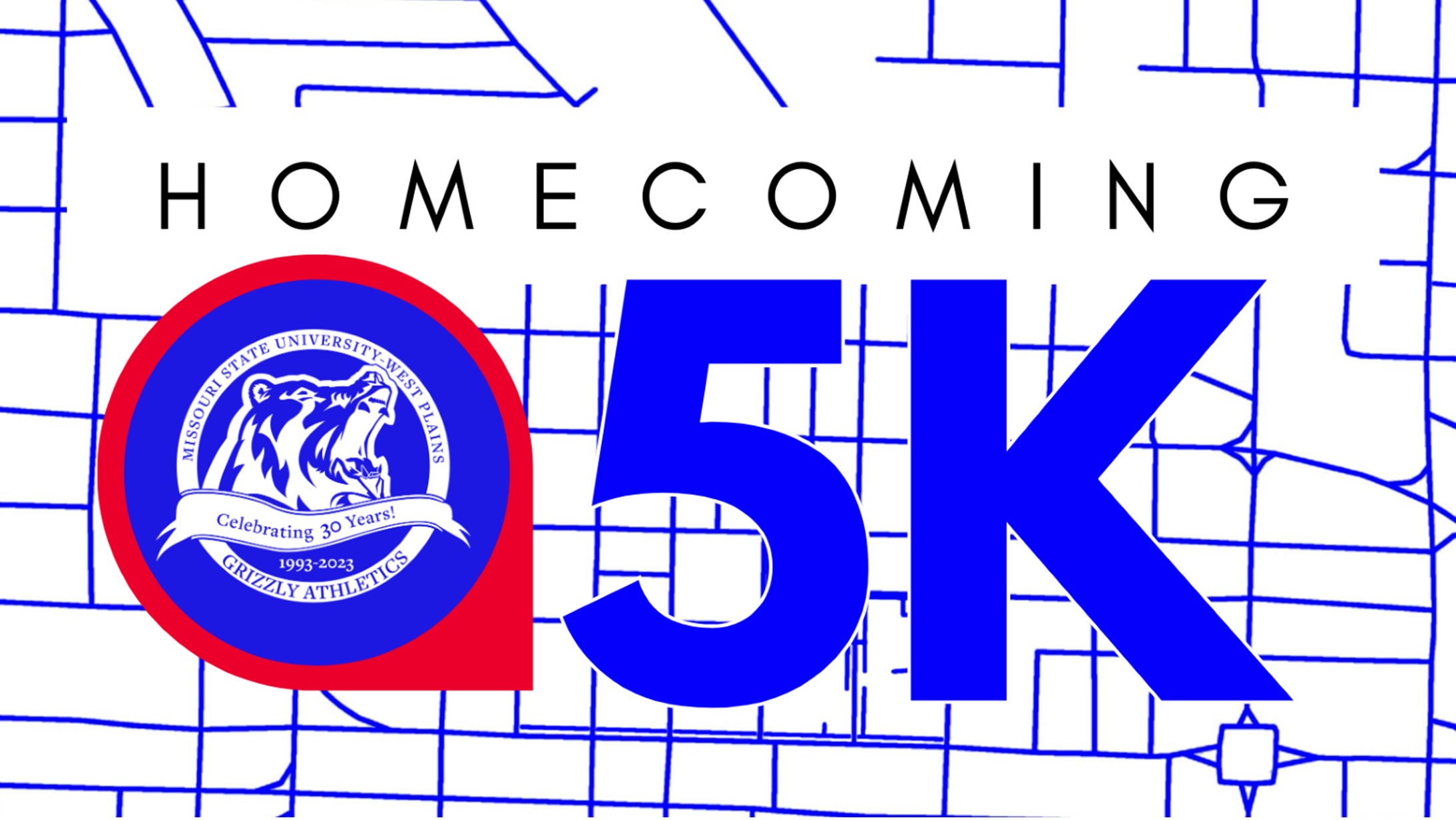 Graphic image with Grizzly Athletics 30th anniversary logo and Homecoming 5K