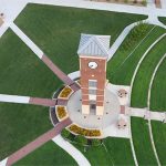 Aerial shot of the bell tower and amphitheater