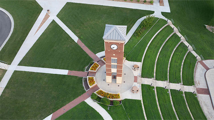Aerial shot of the bell tower and amphitheater